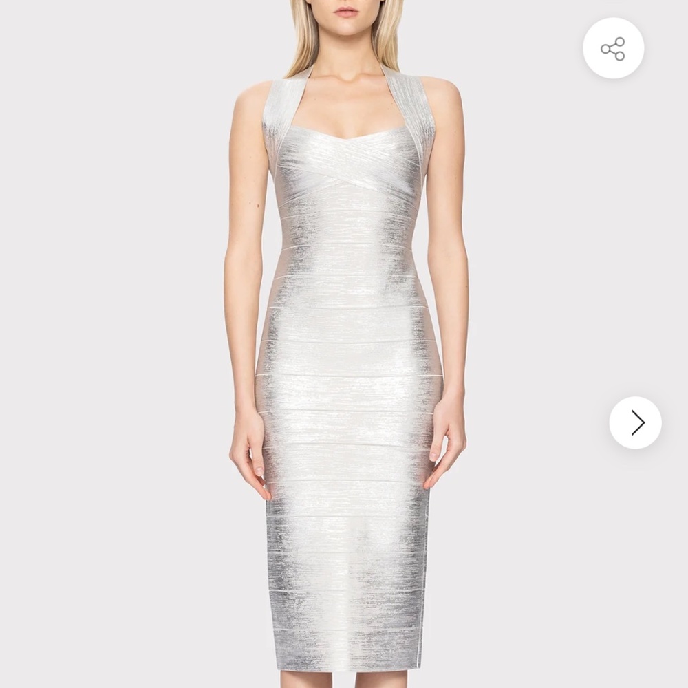 NWT Herve Leger FOIL HALTER X-BACK MIDI DRESS